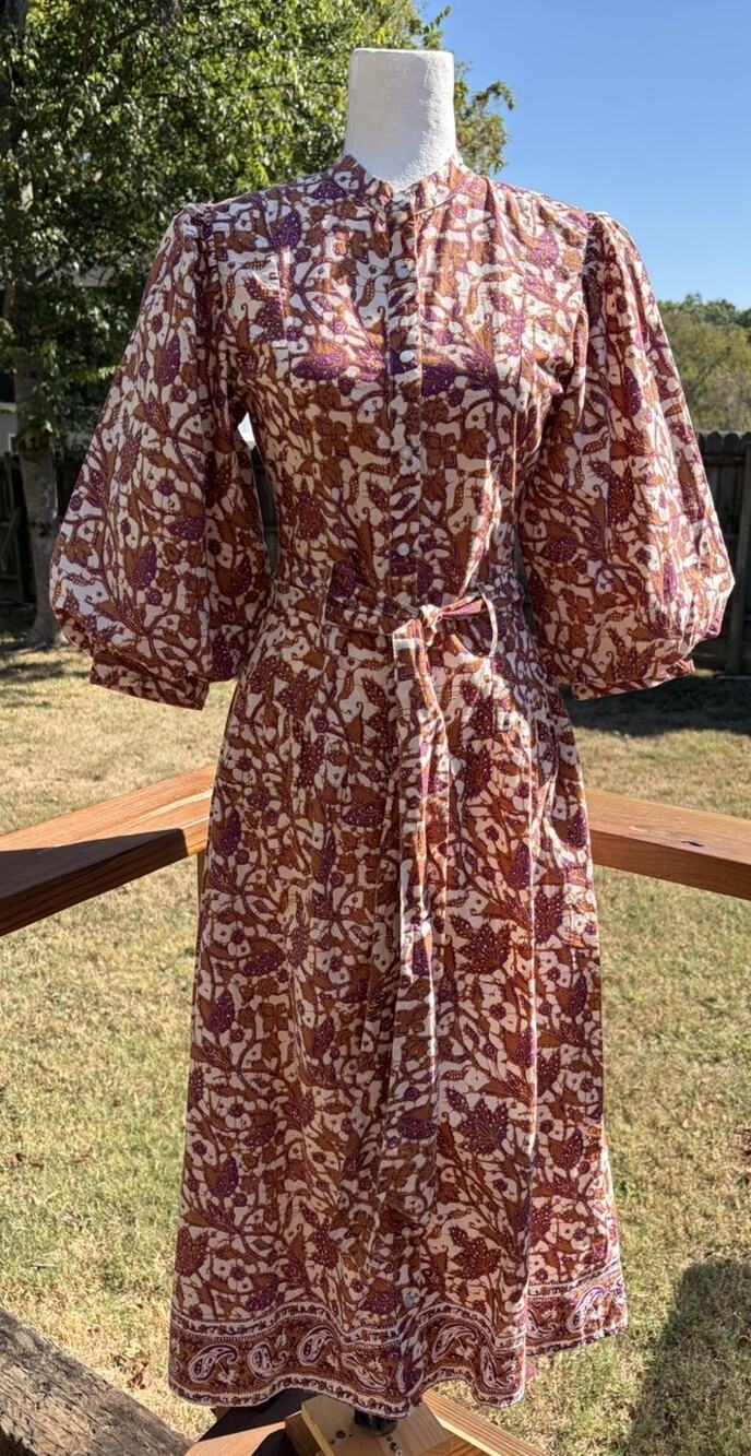 Love The Label Mabel Khaki Puff Sleeve Midi Dress Cotton Belted HTF Size XS